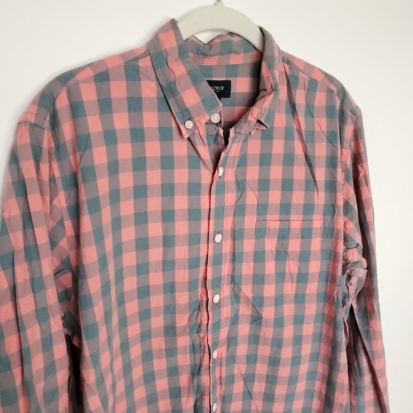 J. Crew Plaid Button-Down Shirt Men's Medium Coral Blue/Green Slim Long Sleeve - Picture 4 of 9